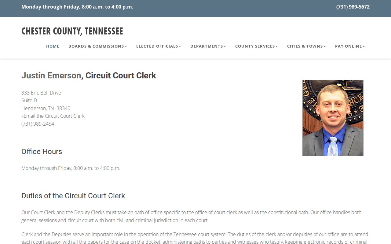 Chester County Circuit Court Clerk arrest warrant and court records page