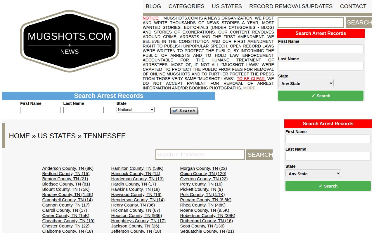 Unofficial Tennessee mugshot index with sparse Chester County arrest coverage