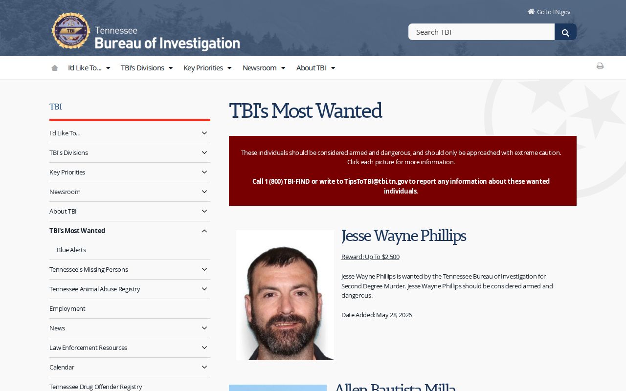 TBI statewide most wanted page separate from Chester County warrants