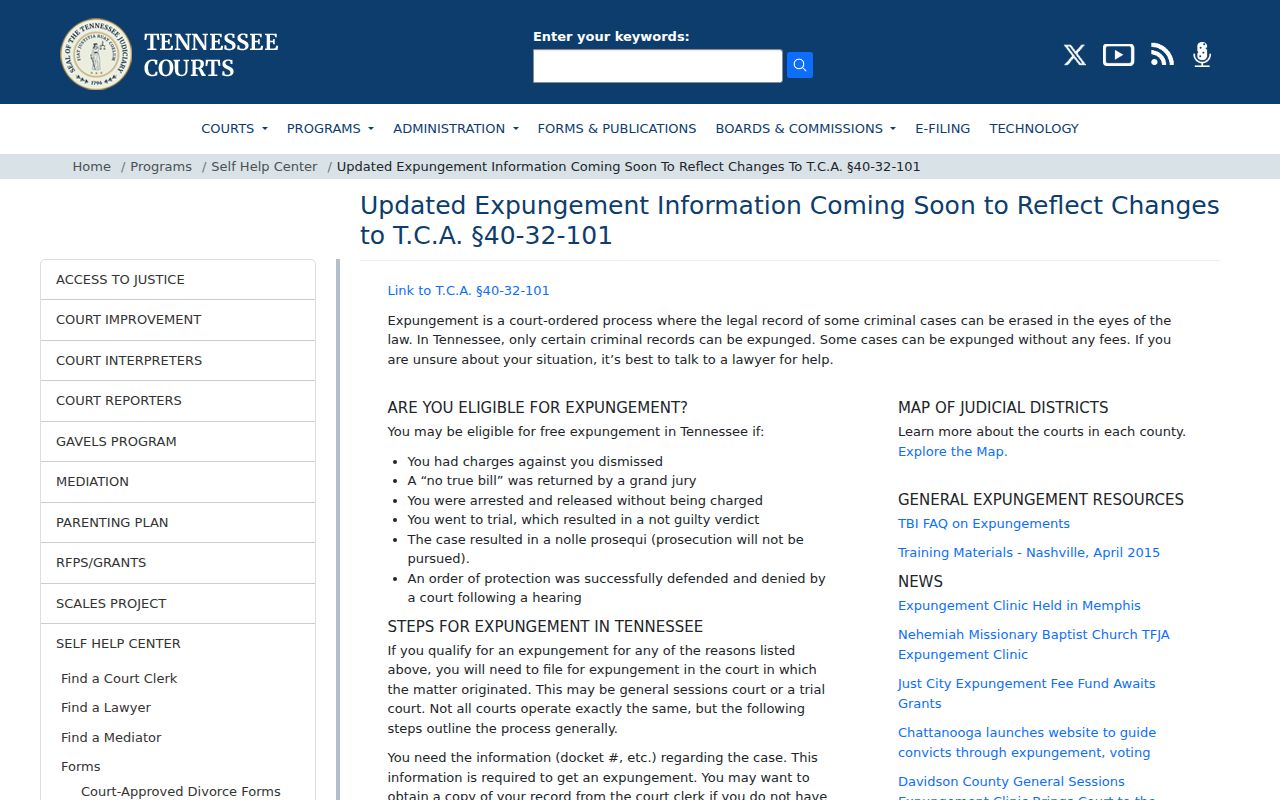 Tennessee Courts expungement path for Chester County arrest records